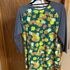 LuLaRoe Teal Floral Raglan with Yellow & Orange Accents
